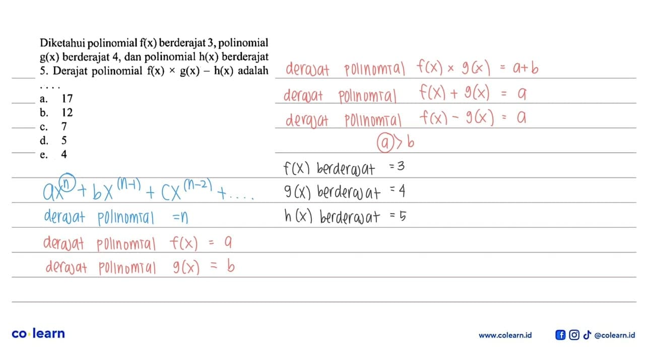 Diketahui polinomial f(x) berderajat 3 , polinomial g(x)