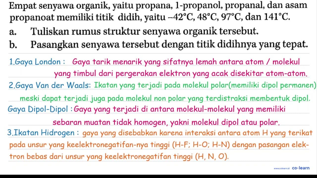 Empat senyawa organik, yaitu propana, 1-propanol, propanal,