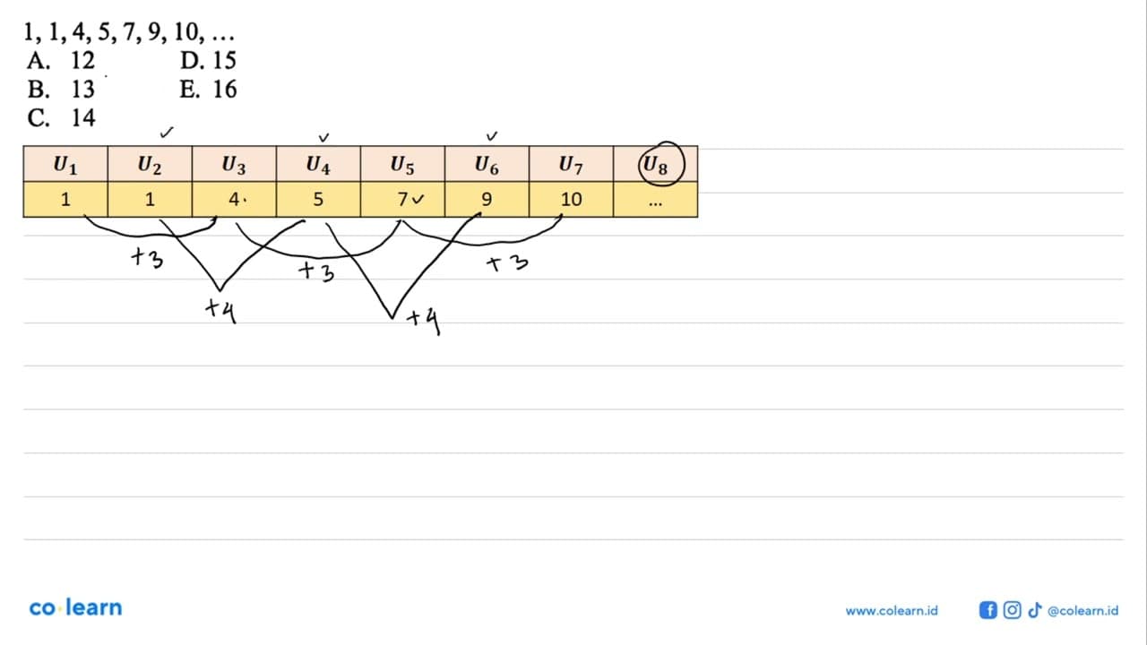 1,1,4,5,7,9,10, ... A. 12B. 13D. 15C. 14