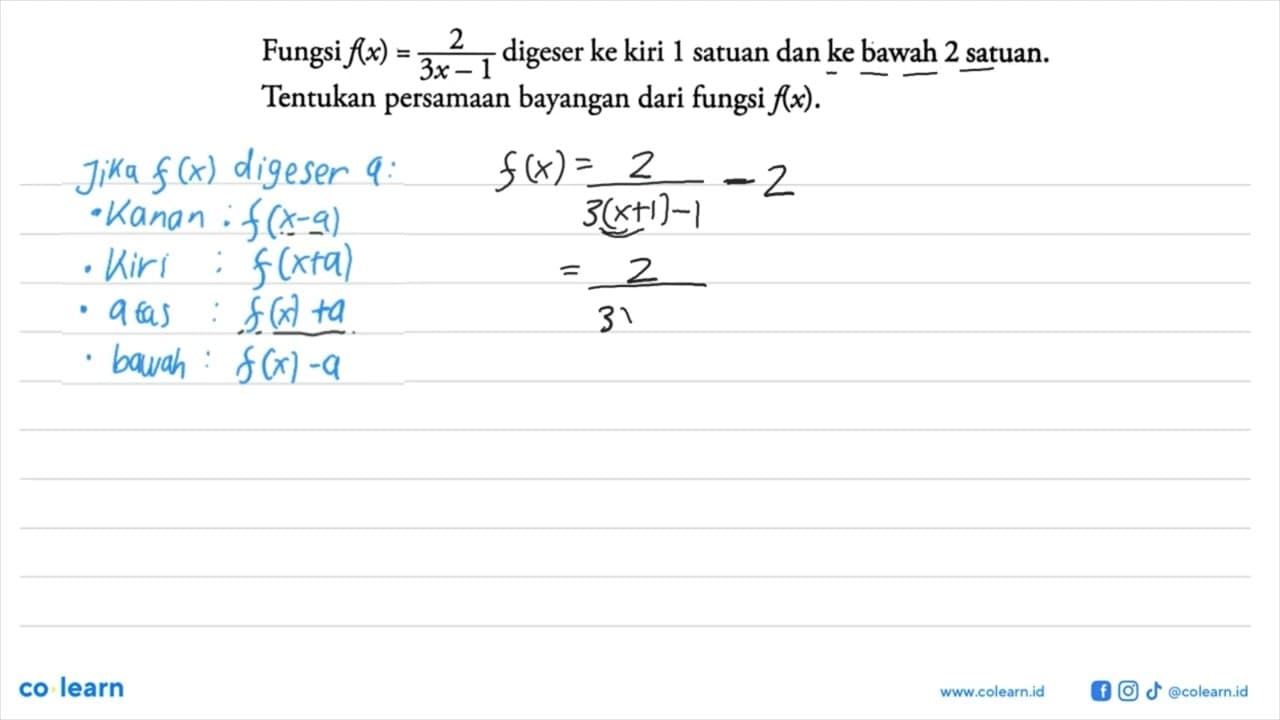 Fungsi f(x)=(2)/(3x-1) digeser ke kiri 1 satuan dan ke