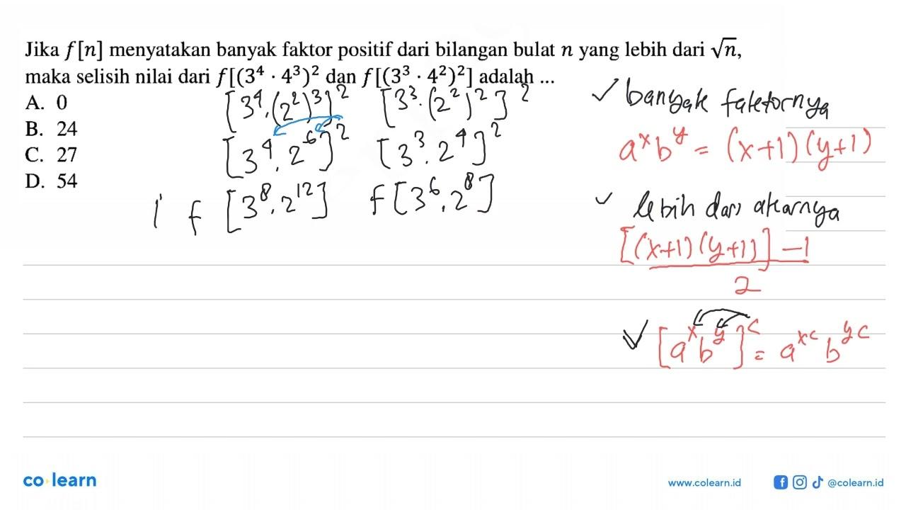 Jika f[n] menyatakan banyak faktor positif dari bilangan