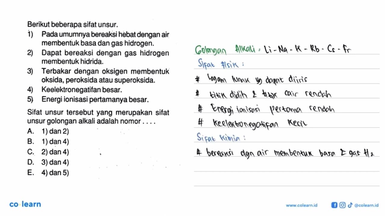 Berikut beberapa sifat unsur.1) Pada umumnya bereaksi hebat