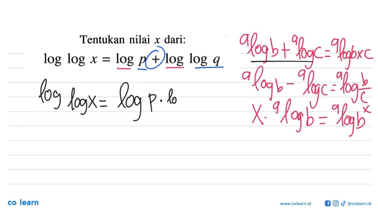 Tentukan nilai x dari: loglogx=logp+loglogq