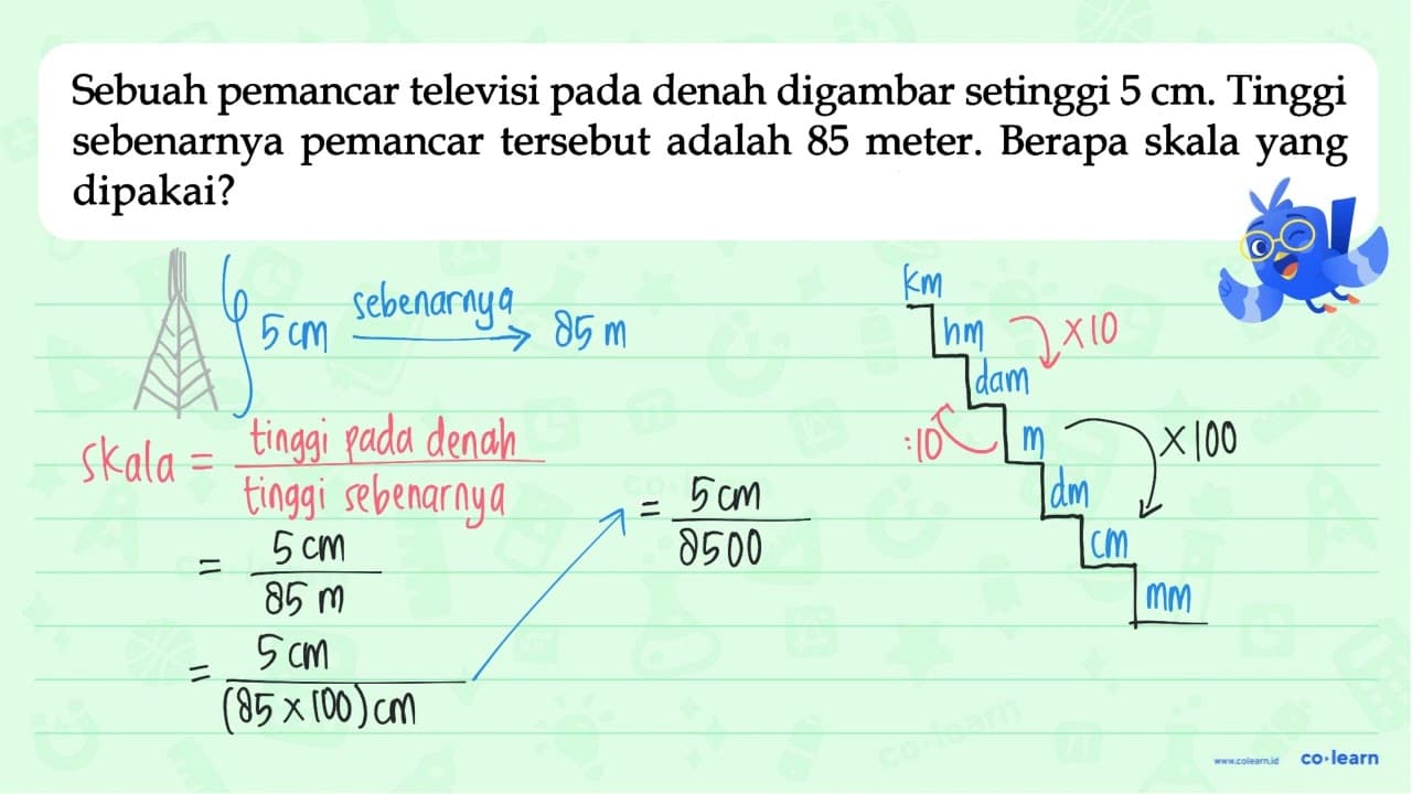 Sebuah pemancar televisi pada denah digambar setinggi 5 cm.