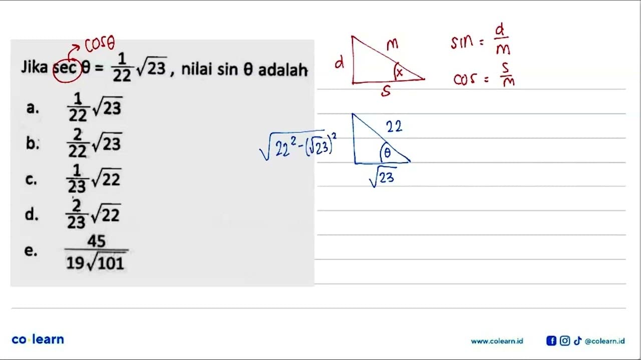 Jika sec theta=1/22 akar(23), nilai ctg theta=... Dari soal