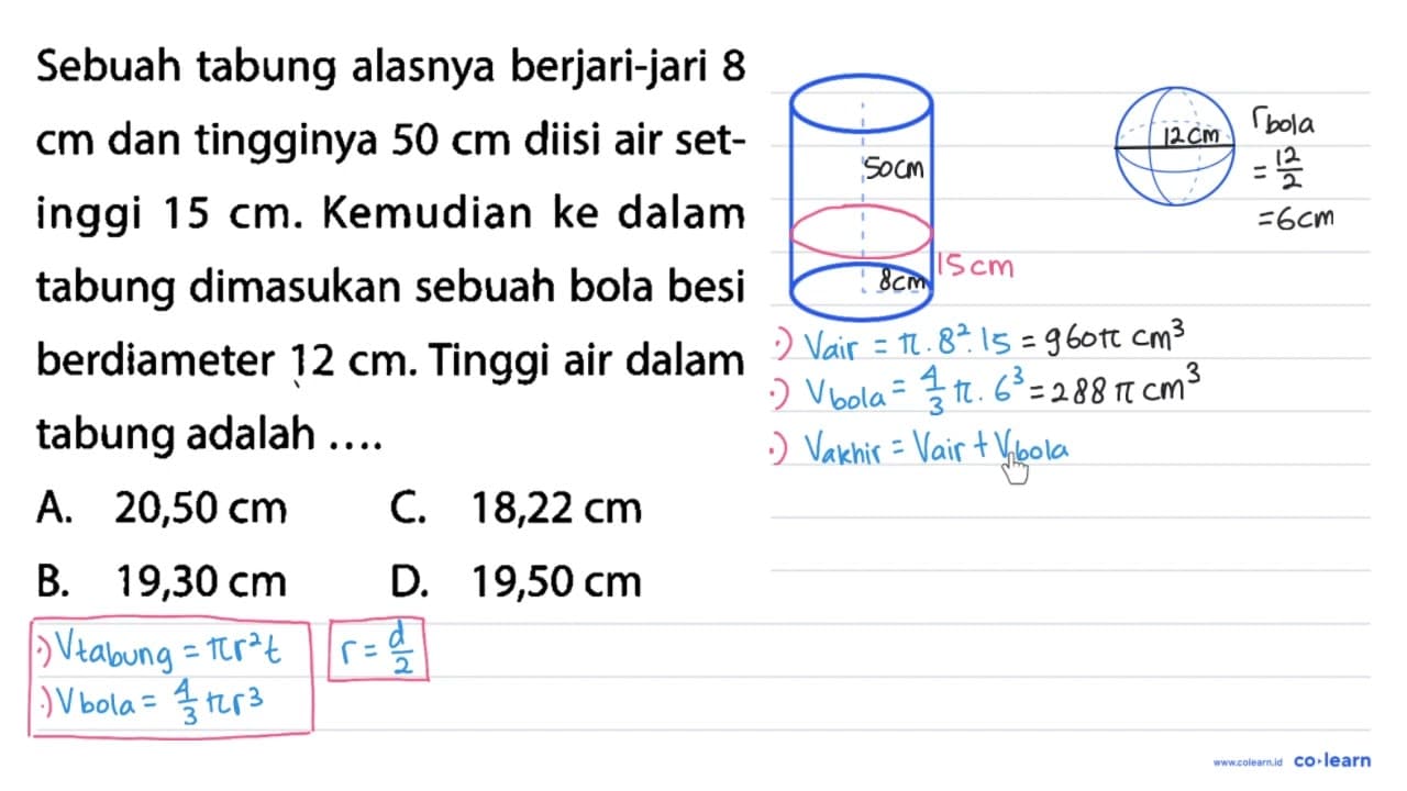 Sebuah tabung alasnya berjari-jari 8 cm dan tingginya 50 cm