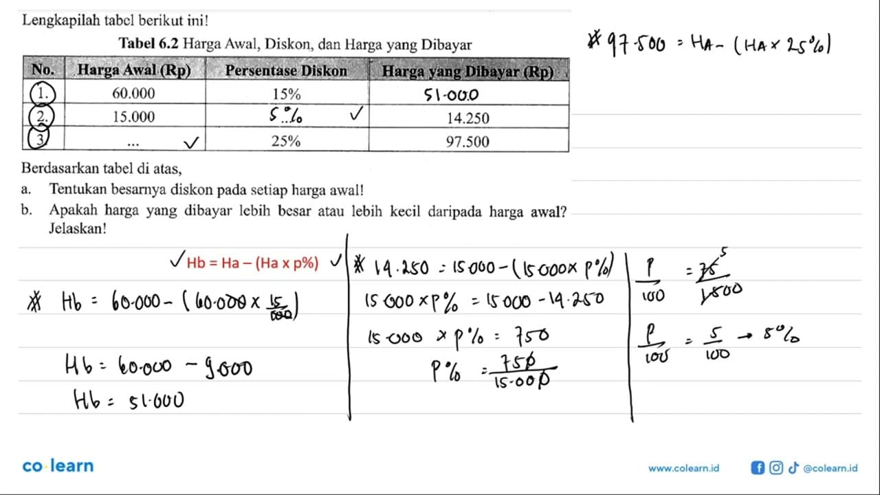Lengkapilah tabel berikut ini!Tabel 6.2 Harga Awal, Diskon,