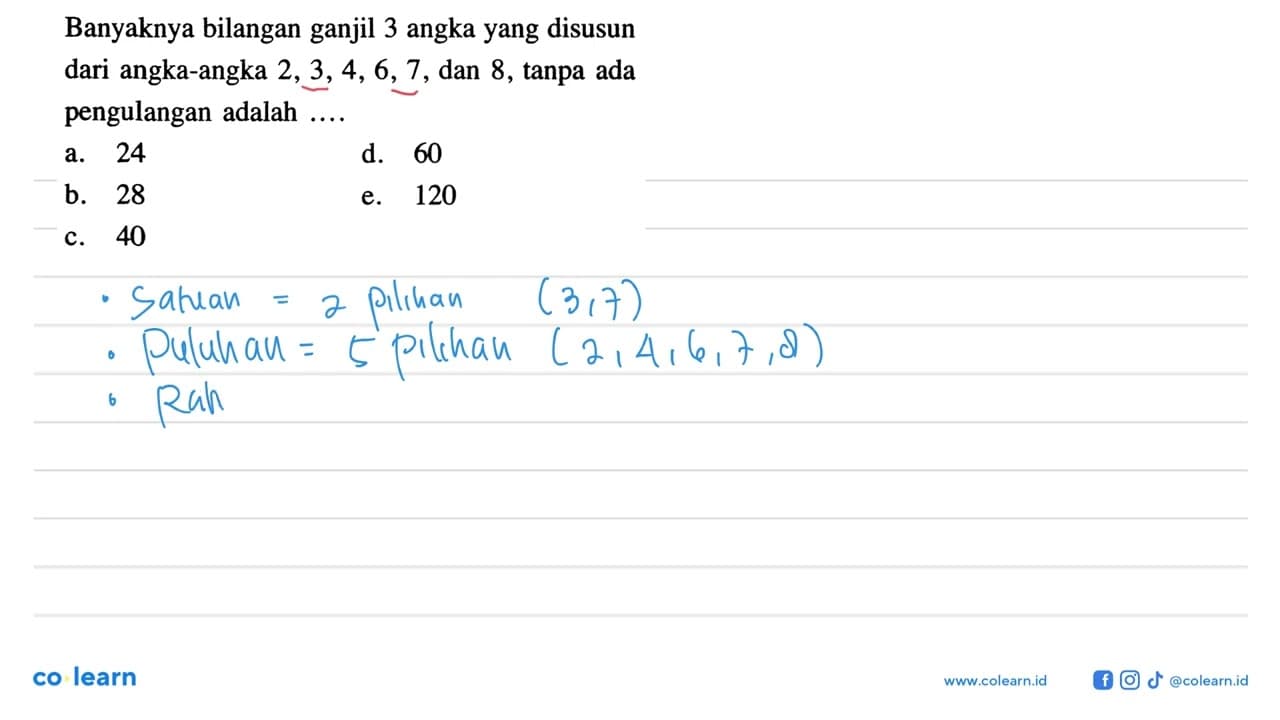 Banyaknya bilangan ganjil 3 angka yang disusun dari