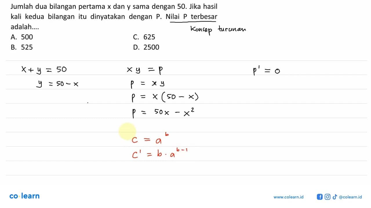 Jumlah dua bilangan pertama x dan y sama dengan 50. Jika