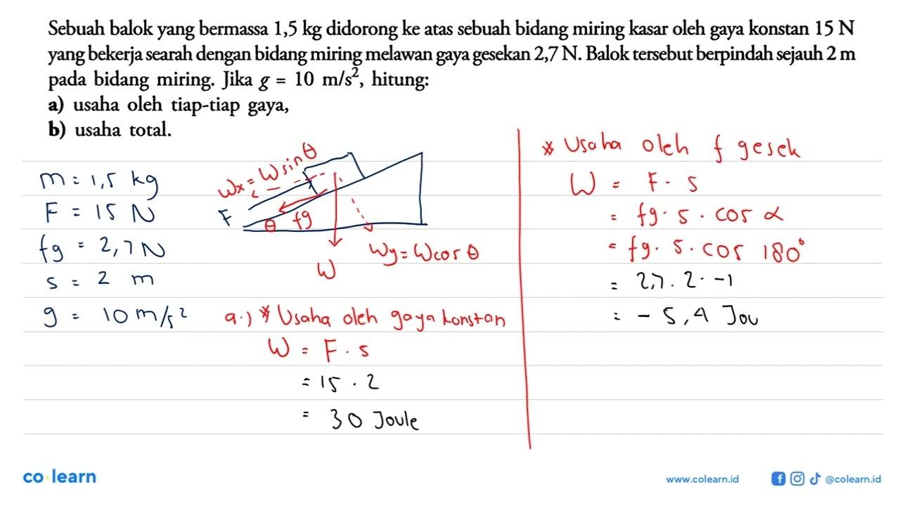 Sebuah balok yang bermassa 1,5 kg didorong ke atas sebuah