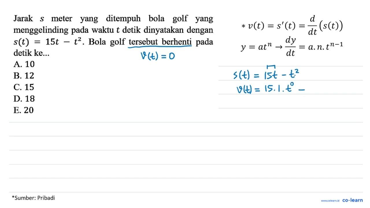 Jarak s meter yang ditempuh bola golf yang menggelinding