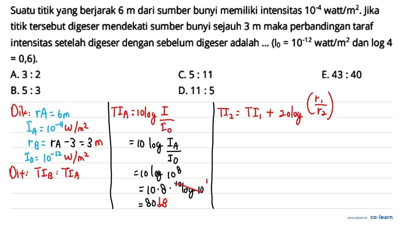 Suatu titik yang berjarak 6 m dari sumber bunyi memiliki