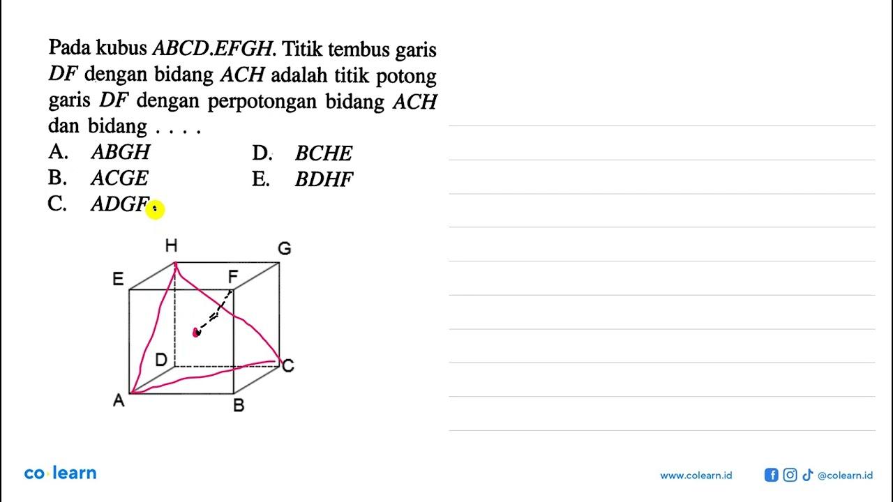 Pada kubus ABCD.EFGH. Titik tembus garis DF dengan bidang