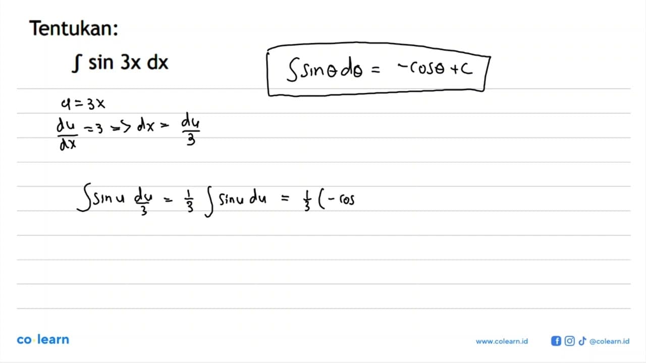 Tentukan: integral sin 3x dx