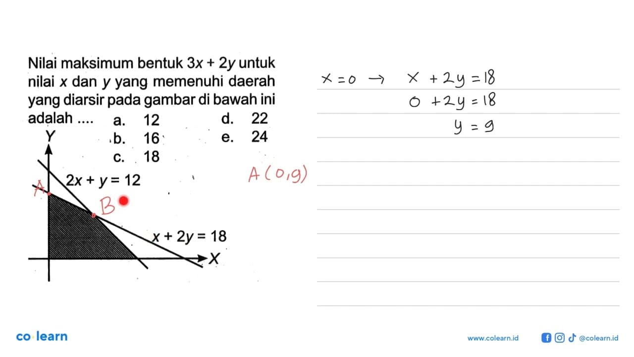 Nilai maksimum bentuk 3x+2y untuk nilai x dan y yang