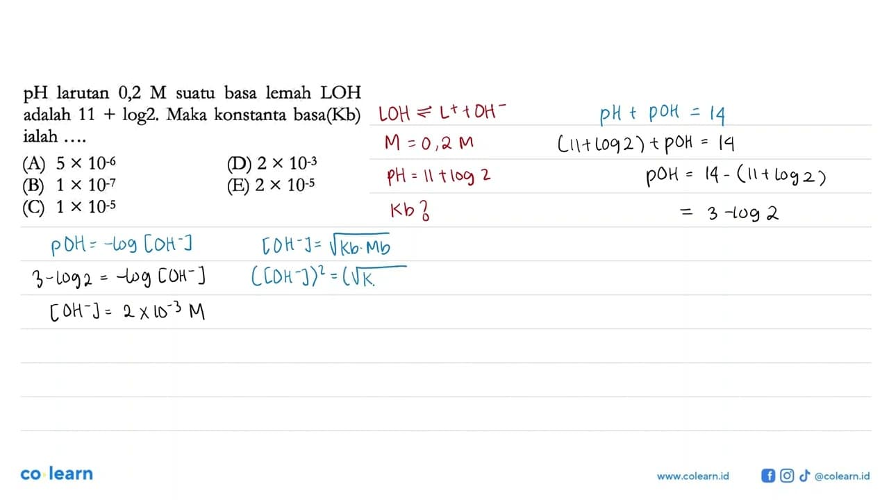 pH larutan 0,2 M suatu basa lemah LOH adalah 11+log 2. Maka