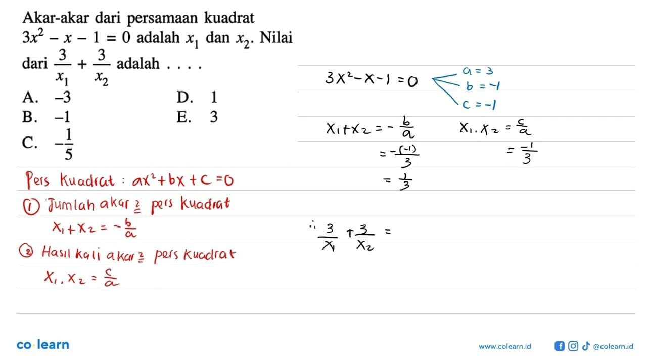 Akar-akar dari persamaan kuadrat 3x^2-x-1=0 adalah x1 dan