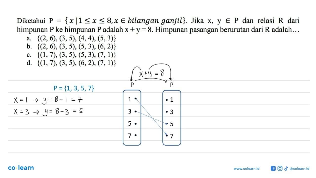 Diketahui P={x |1 <=x <= 8,x e bilangan ganjil} Jika x, y e