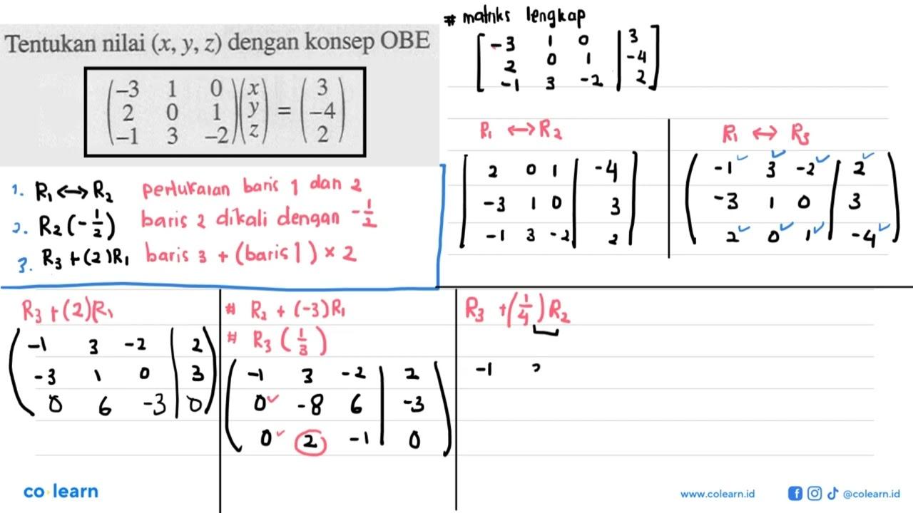 Tentukan nilai (x, y, z) dengan konsep OBE (-3 1 0 2 0 1 -1