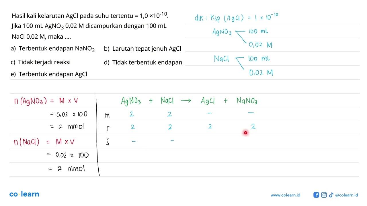 Hasil kali kelarutan AgCl pada suhu tertentu =1,0x10^(-10).