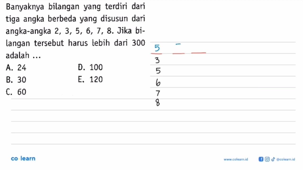 Banyaknya bilangan yang terdiri dari tiga angka berbeda