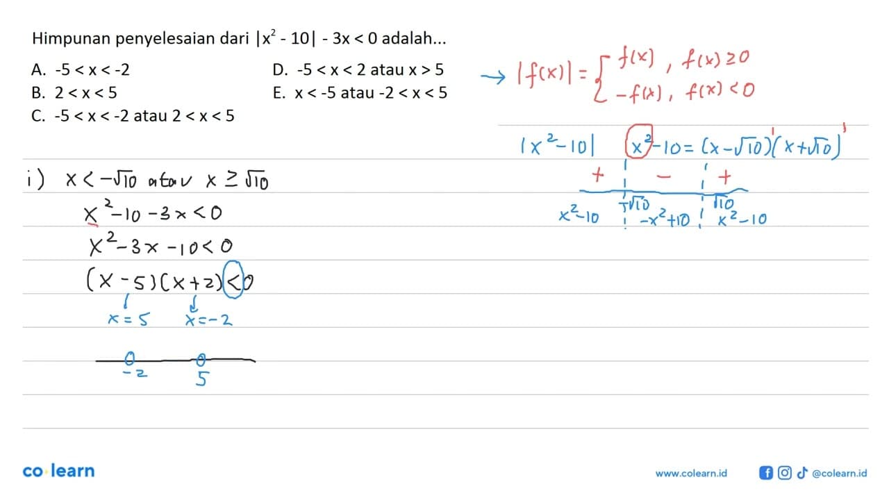 Himpunan penyelesaian dari Ix^2-10| - 3x < 0 adalah: