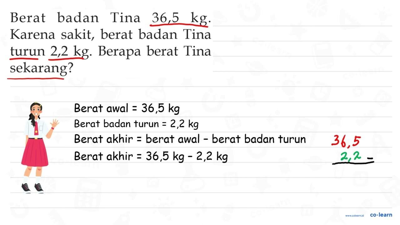 Berat badan Tina 36,5 kg. Karena sakit, berat badan Tina