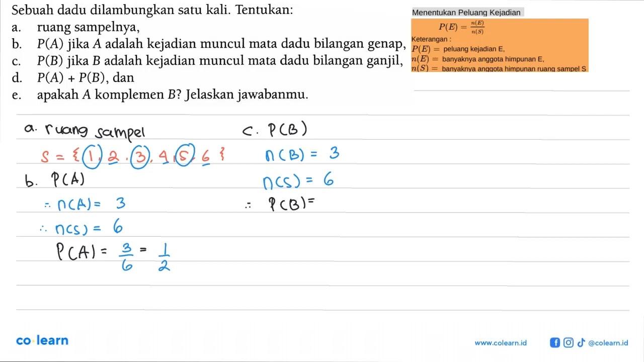 Sebuah dadu dilambungkan satu kali. Tentukan: a. ruang