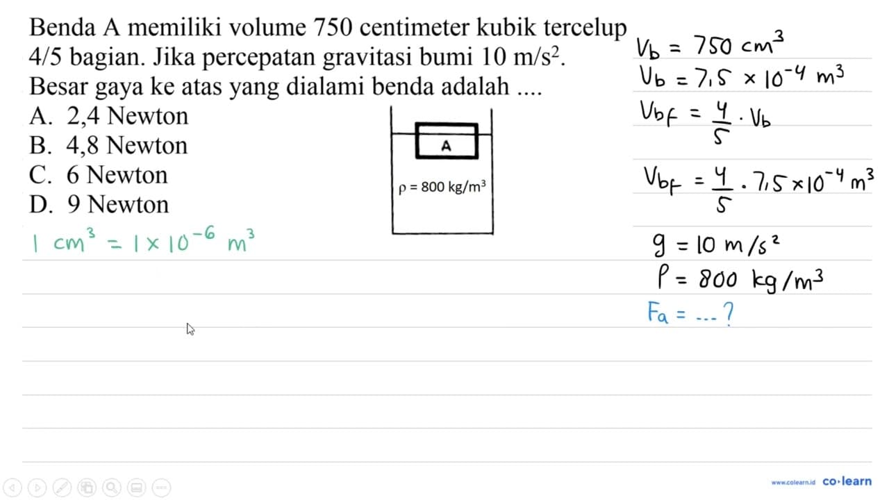 Benda A memiliki volume 750 centimeter kubik tercelup 4 / 5