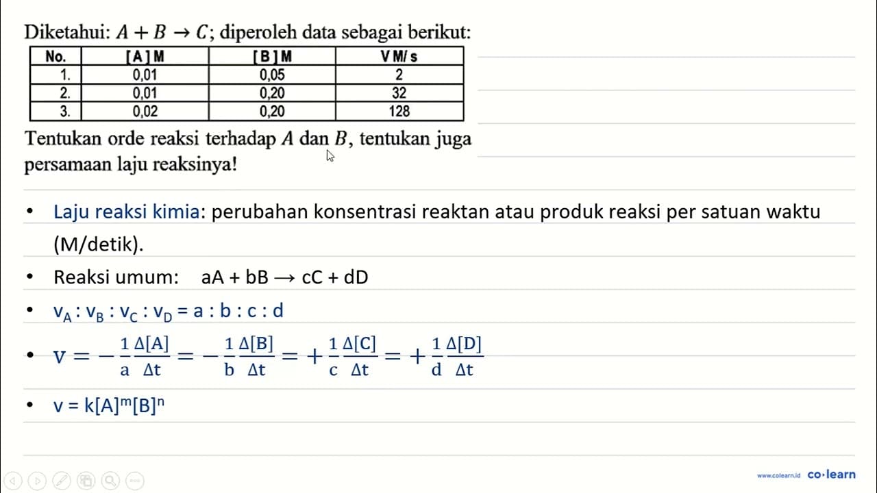 Diketahui: A + B - > C; diperoleh data sebagai berikut: No.