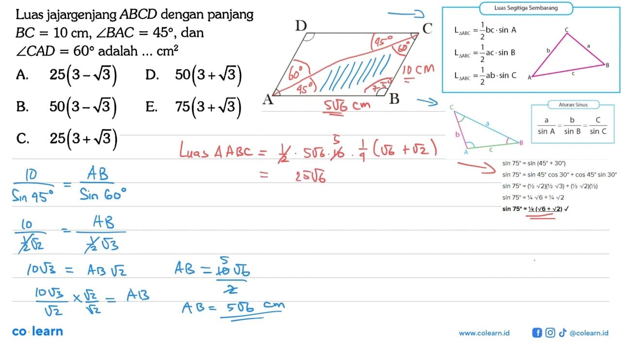 Luas jajargenjang ABCD dengan panjang BC=10 cm, sudut