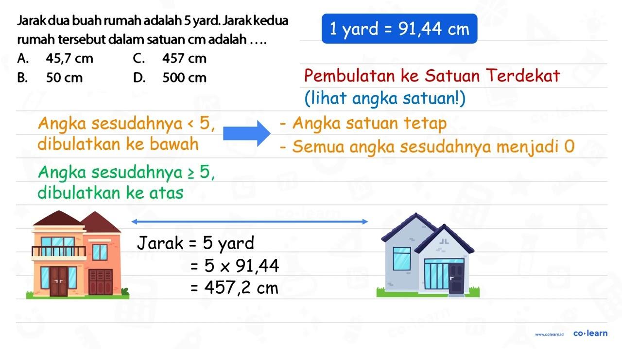 Jarak dua buah rumah adalah 5 yard. Jarakkedua rumah