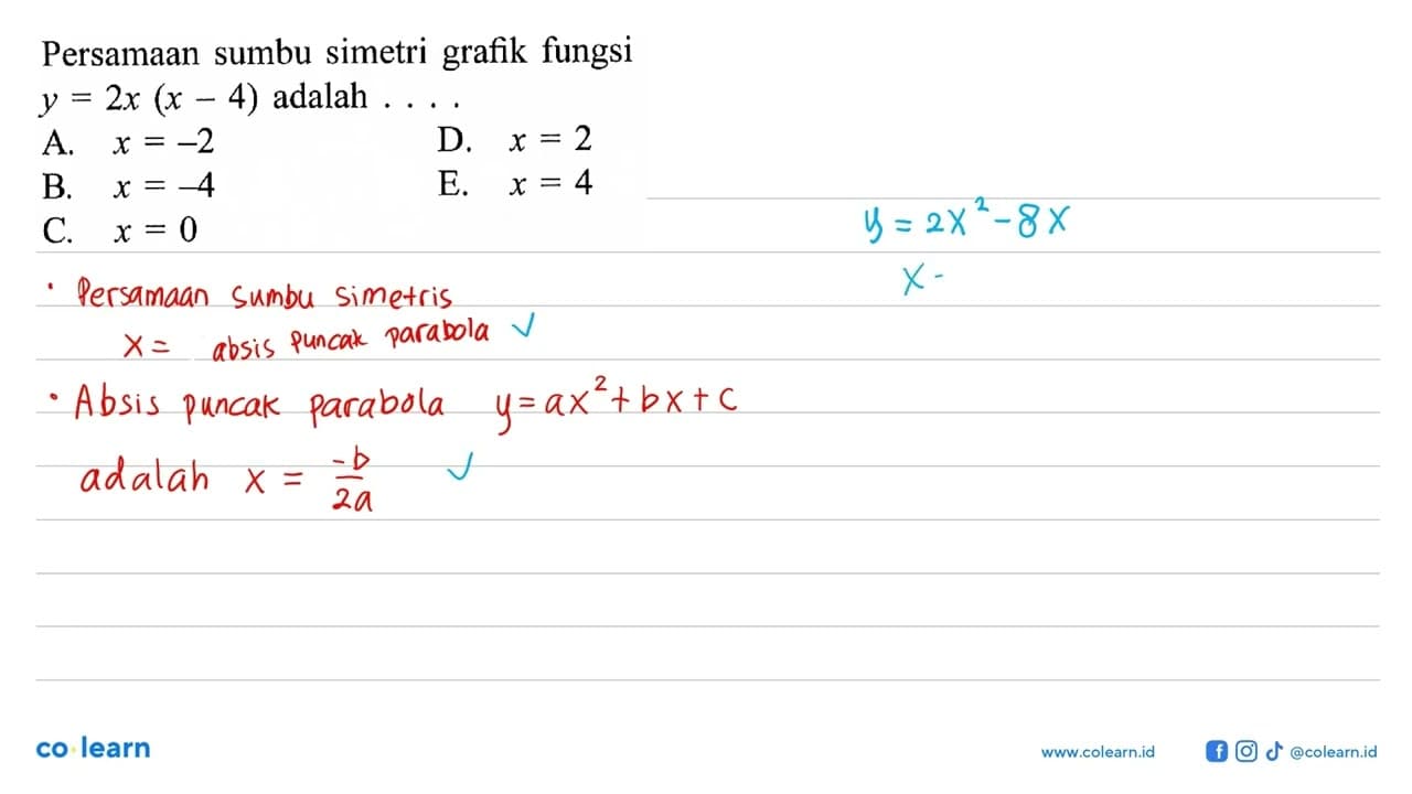 Persamaan sumbu simetri grafik fungsi y = 2x (x - 4) adalah