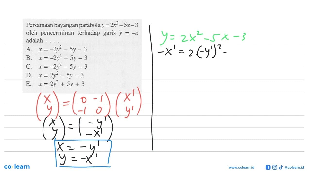 Persamaan bayangan parabola y=2x^2-5x-3 oleh pencerminan