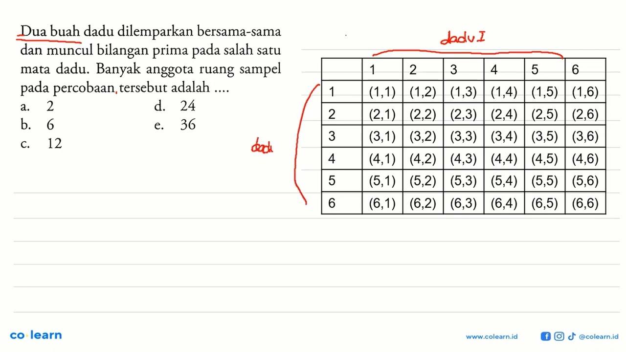 Dua buah dadu dilemparkan bersama-sama dan muncul bilangan