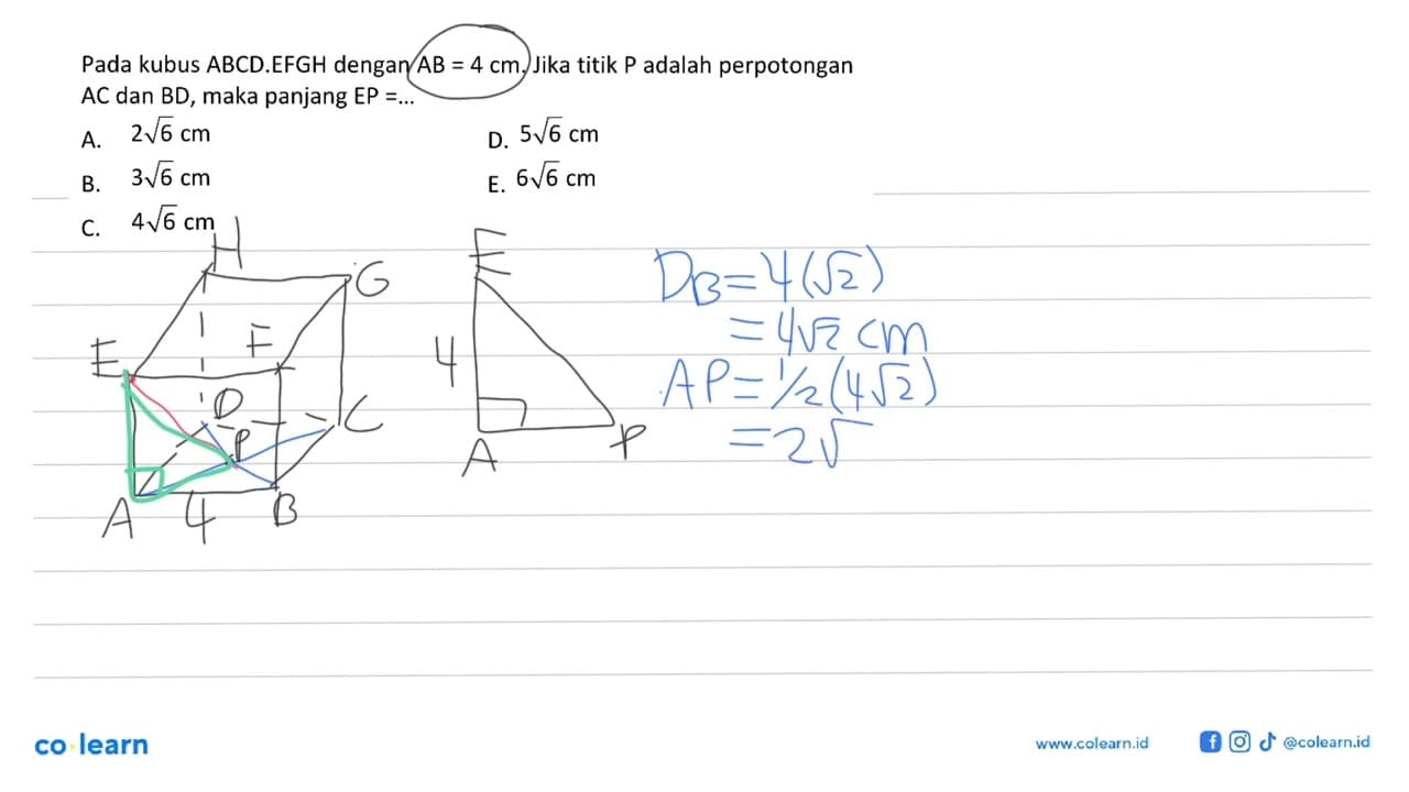 Pada kubus ABCD.EFGH dengan AB=4 cm. Jika titik P adalah