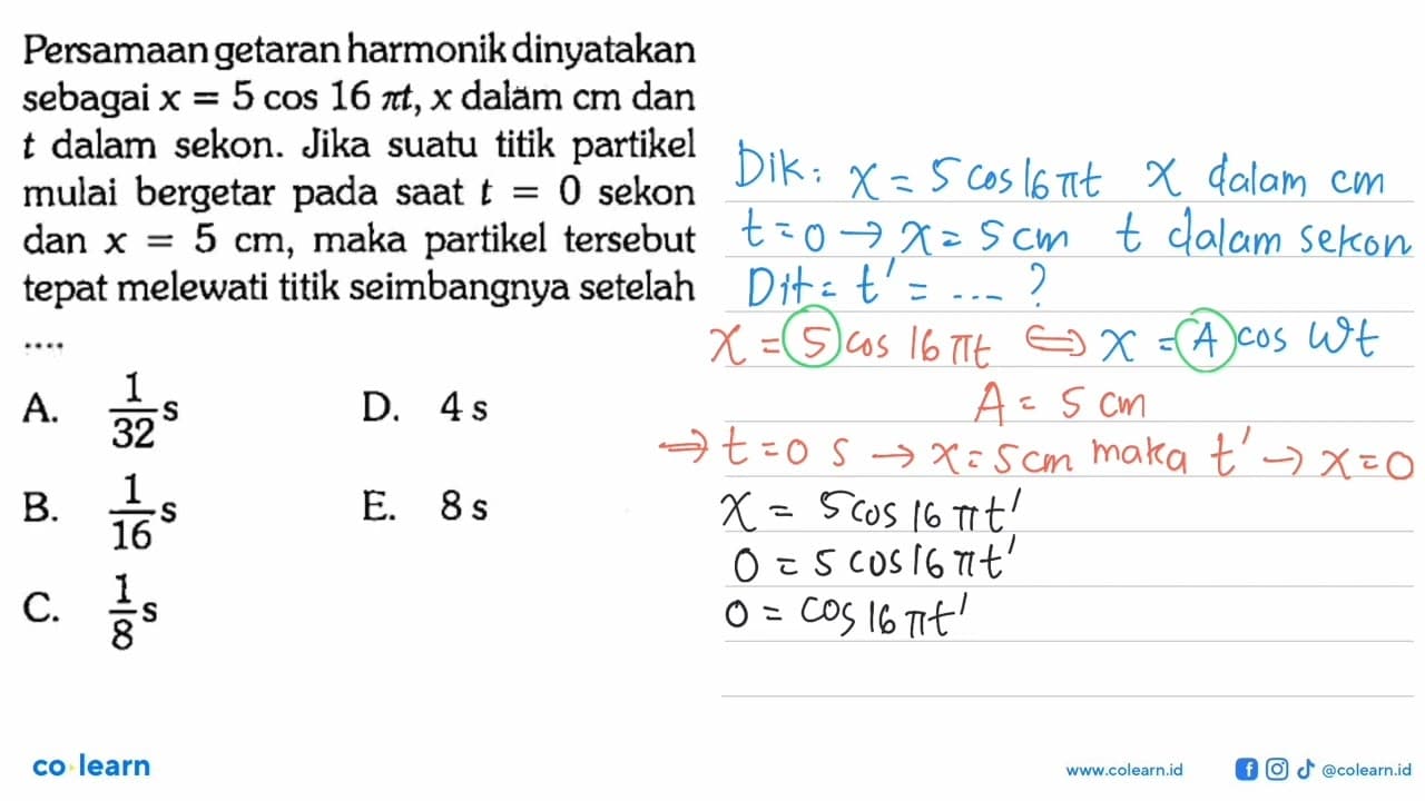 Persamaan getaran harmonik dinyatakan sebagai x=5cos(16pi