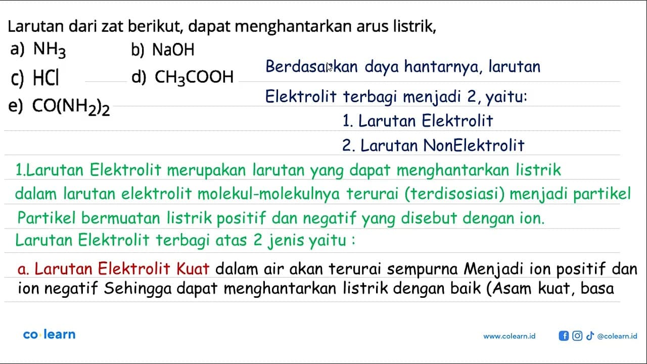 Larutan dari zat berikut, dapat menghantarkan arus listrik,