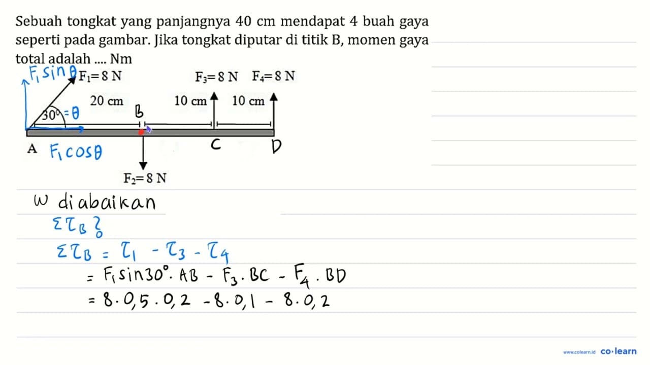 Sebuah tongkat yang panjangnya 40 cm mendapat 4 buah gaya