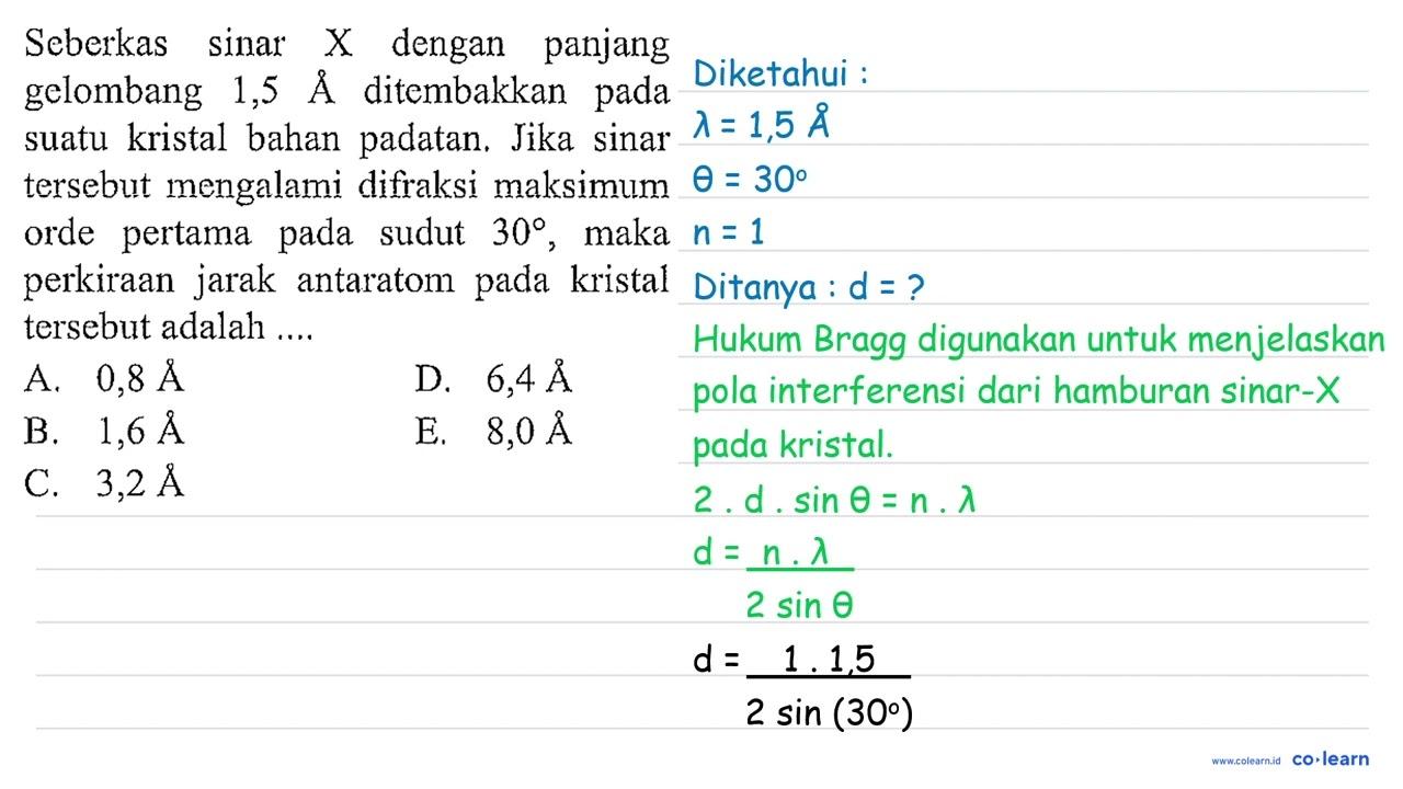 Seberkas sinar X dengan panjang gelombang 1,5 A ditembakkan