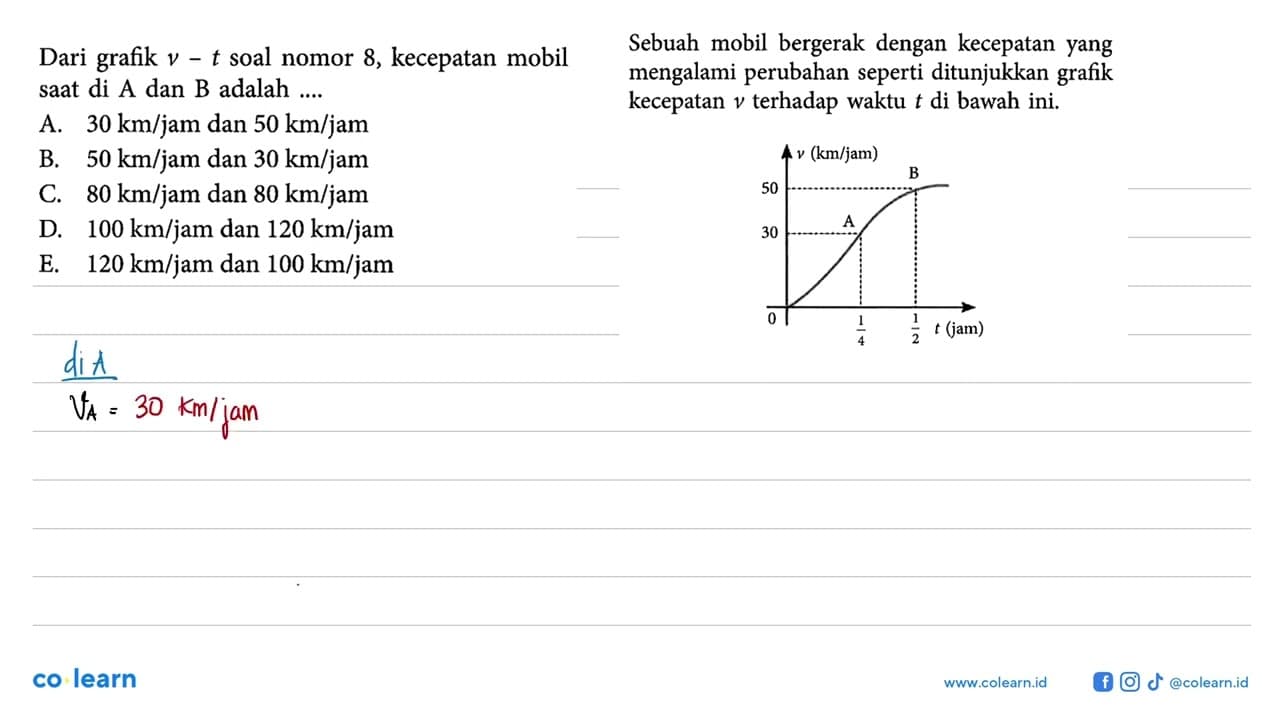 Dari grafik v-t soal nomor 8, kecepatan mobil saat di A dan