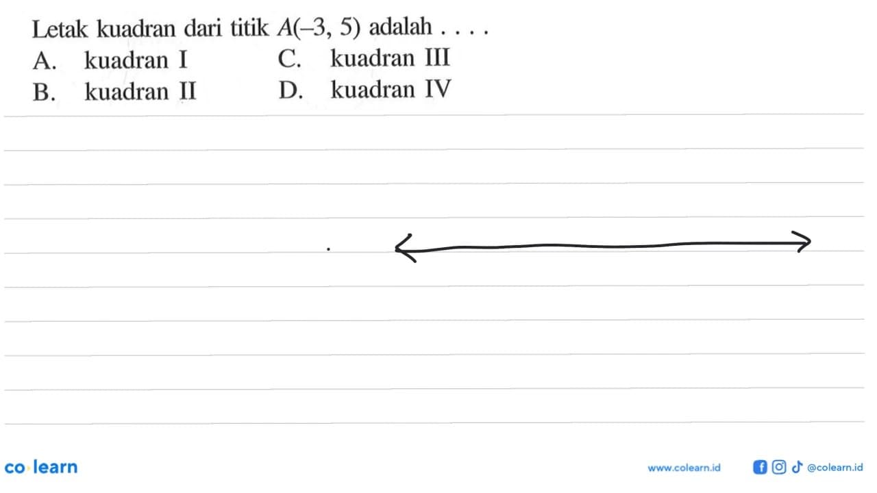 Letak kuadran dari titik A(-3, 5) adalah.... A. kuadran I