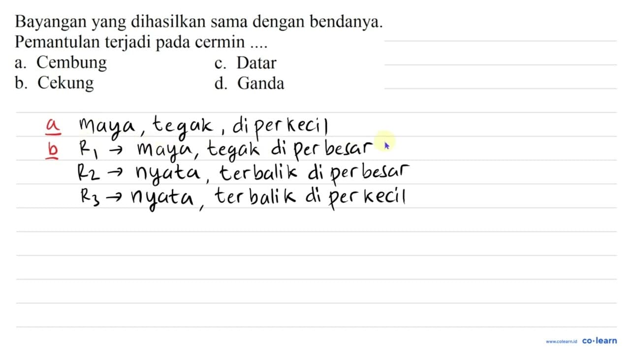 Bayangan yang dihasilkan sama dengan bendanya. Pemantulan