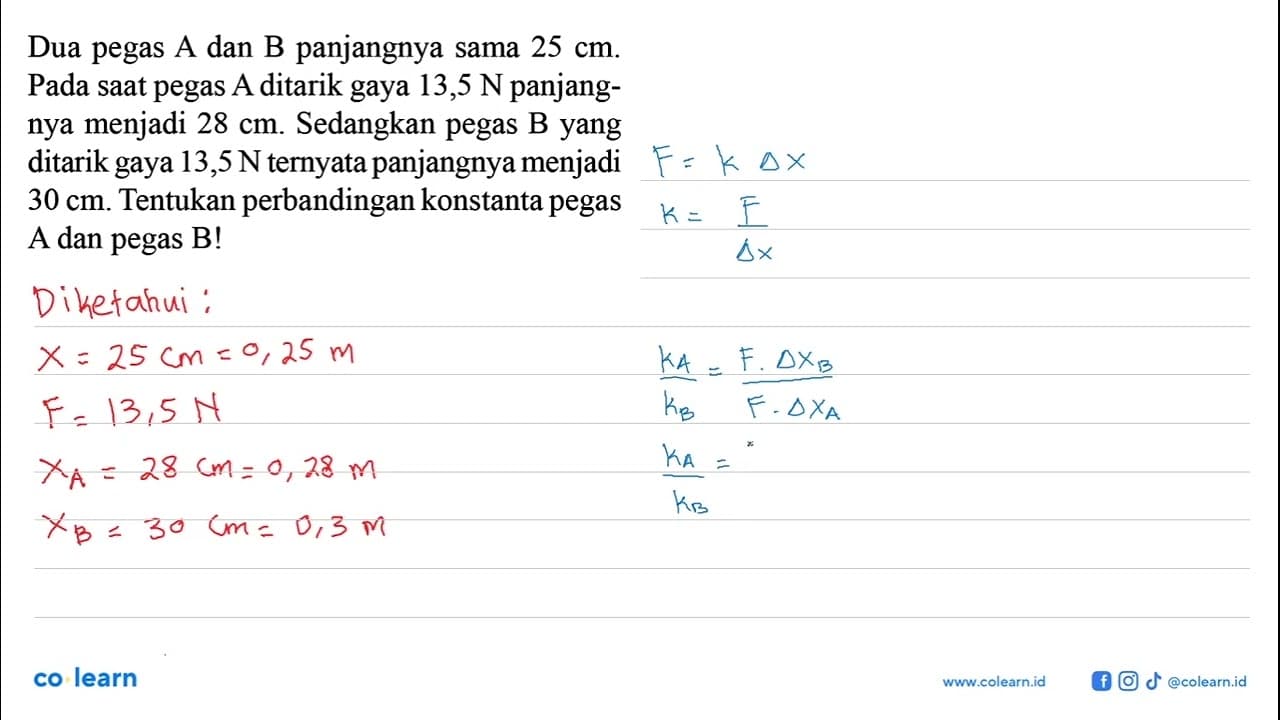 Dua pegas A dan B panjangnya sama 25 cm. Pada saat pegas A