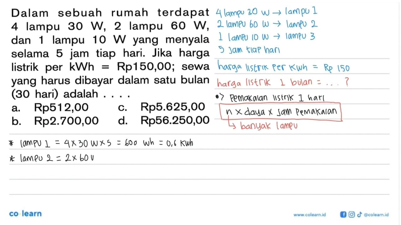 Dalam sebuah rumah terdapat 4 lampu 30 W, 2 lampu 60 W, dan