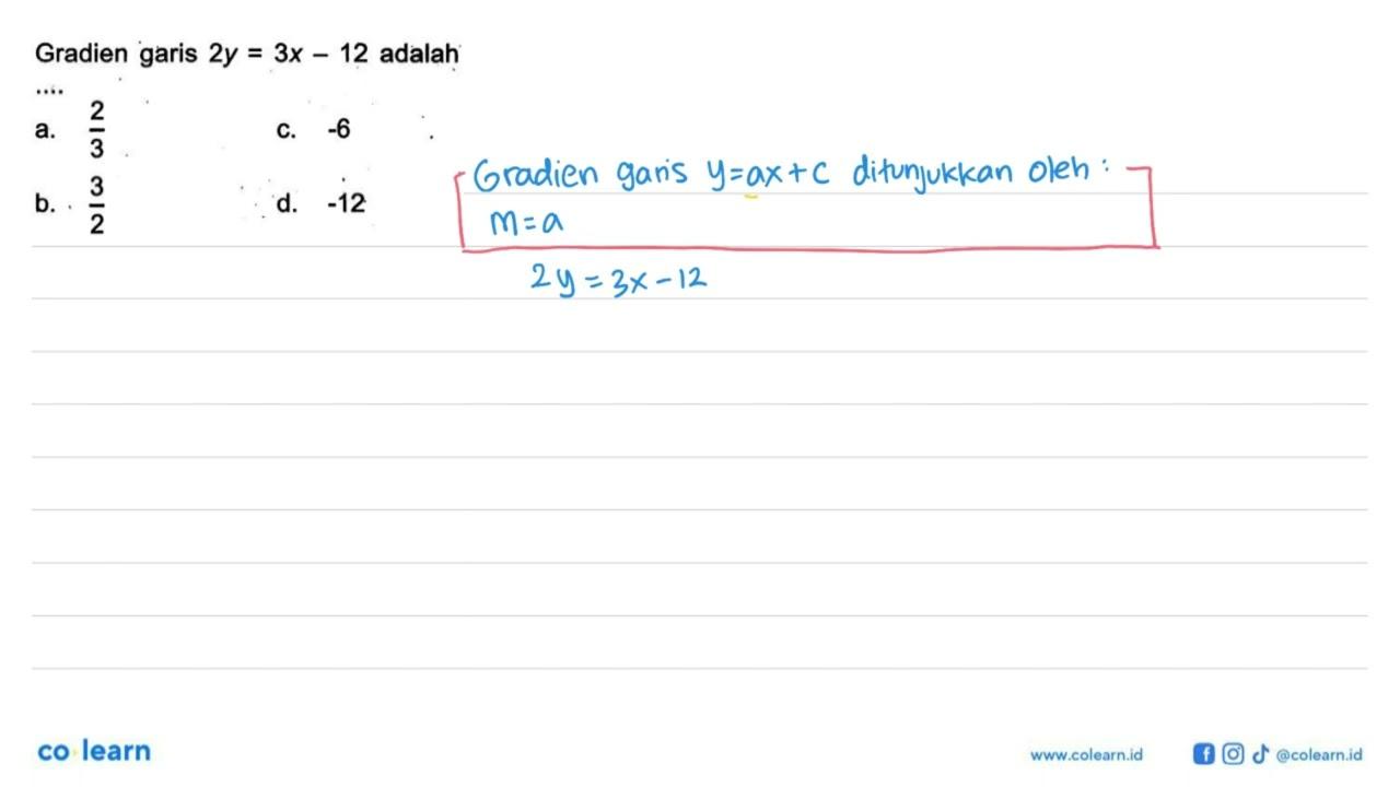 Gradien garis 2y=3x-12 adalah ...