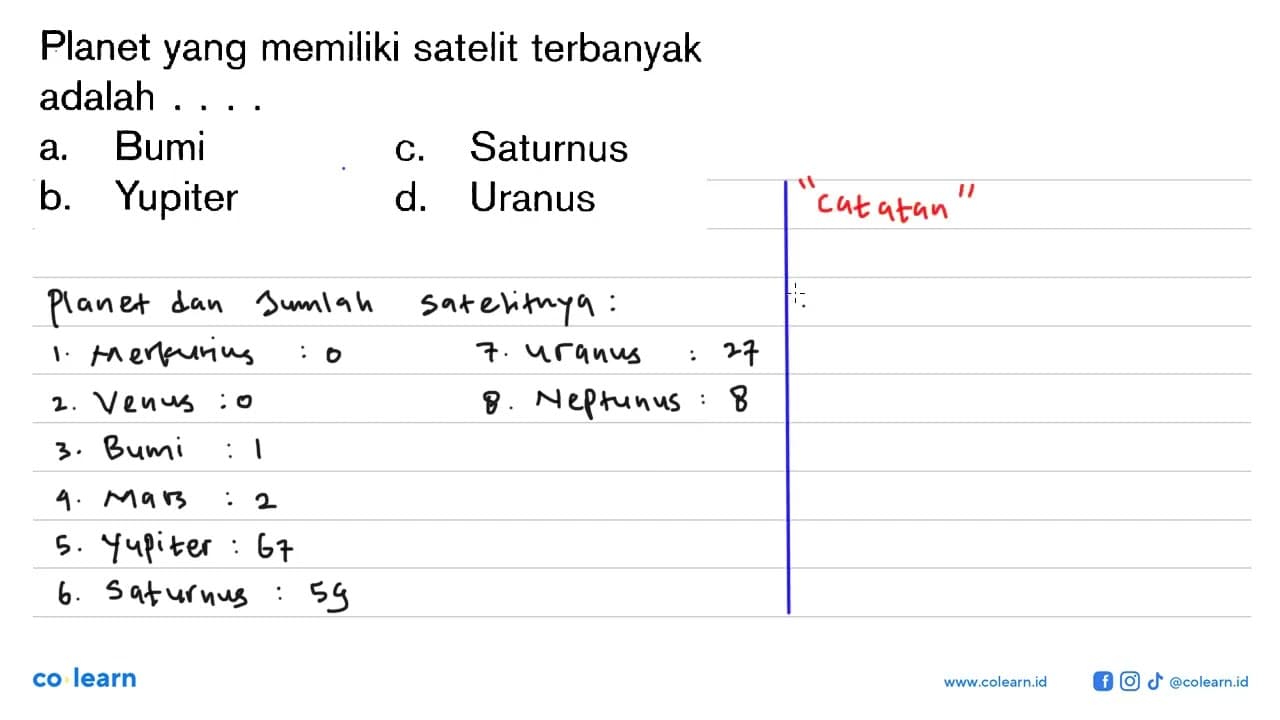 Planet yang memiliki satelit terbanyak adalah ....a. Bumic.