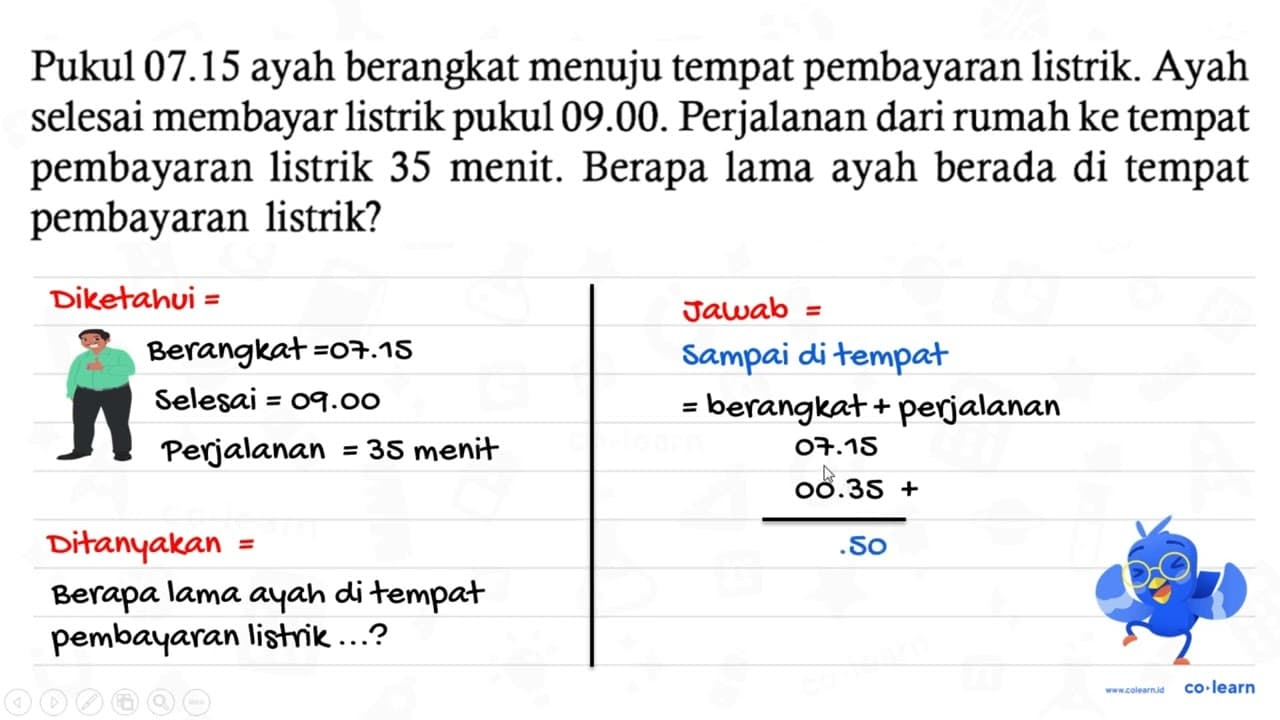 Pukul 07.15 ayah berangkat menuju tempat pembayaran