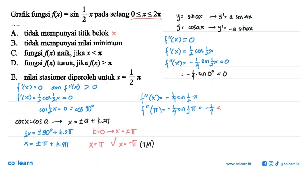 Grafik fungsi f(x) = sin (1/2 x) pada selang 0 <= x <= 2 pi