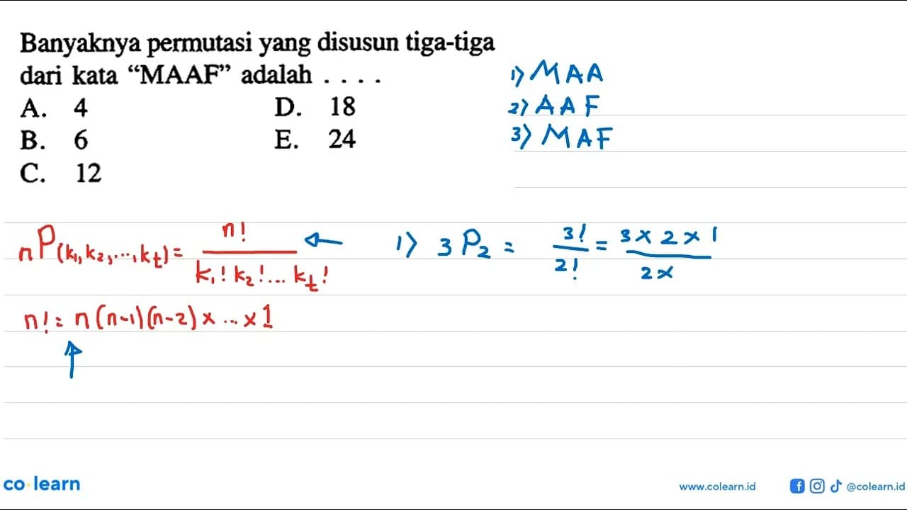 Banyaknya permutasi yang disusun tiga-tiga dari kata 'MAAF'